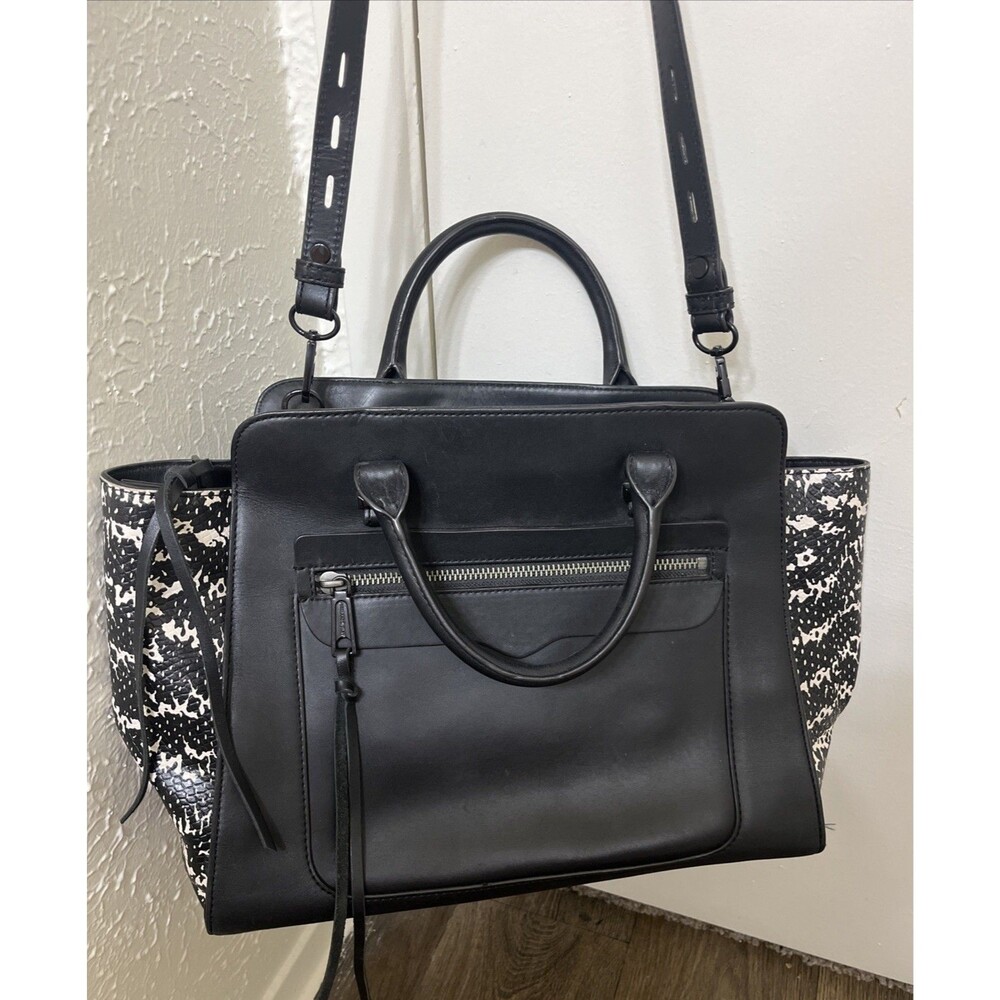 REBECCA MINKOFF Women's Leather Tote Crossbody Snakeskin Print Black MediumLarge
